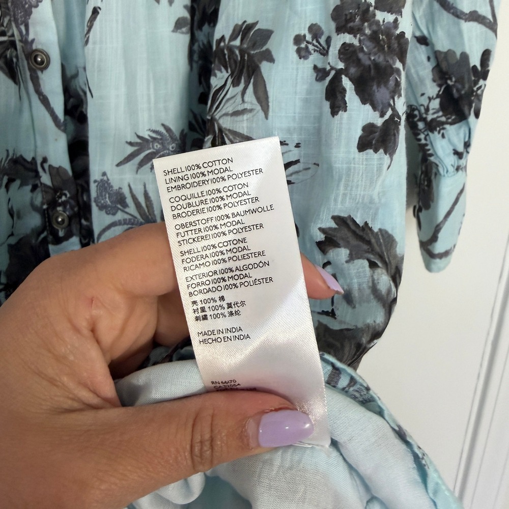 Anthropologie Lavinia Embroidered Blue White Floral Cotton Shirt Dress Size 8 - Picture 6 of 9